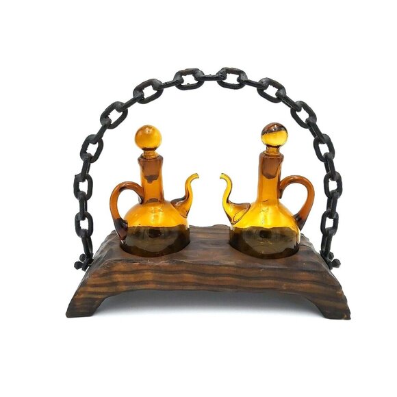 Alder Wood With Amber Glass  and Wrought Iron Handle Cruet Set- Oil & Vinegar - Picture 1 of 10